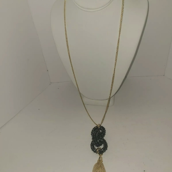 Gold Tone, Multi Stones Link Tassel Long Necklace - Picture 2 of 3